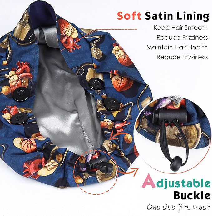 2 Pack Satin Lined Bouffant Scrub Caps with Buttons, Adjustable Scrub Caps for Women Men
