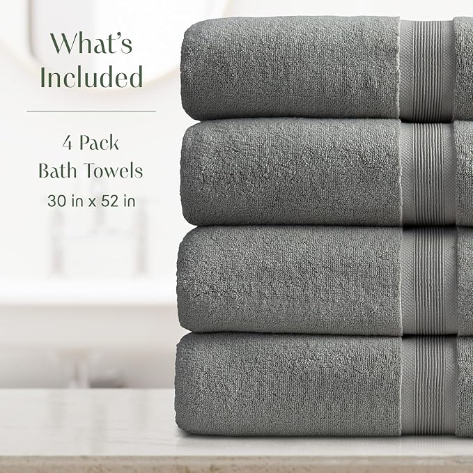 Springtree Home Luxury Bamboo Rayon Bath Towel Set of 4 | 35% Bamboo Rayon - 65% Cotton | Absorbent Quick-Dry Towels for Bathroom | Oeko-TEX Standard 100 Cotton | Carbon