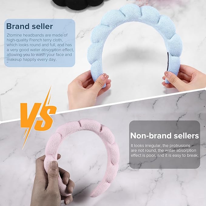 Ztomine Face Wash Headband, Set of 2 - Terry Cloth Spa Headbands for Washing Face or Facial, Puffy Makeup Headbands for Skincare, Mask, Hair Salon, Professional Use (Black & Blue)