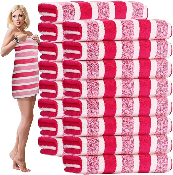 SmoothNovelty 16 Pack Microfiber Bath Towels Bulk 27'' x 60'' Oversized Size Bath Towel Highly Absorbent Extra Large Soft Drying for Beach Shower Summer Salon Sport Gym Party (Wide Stripes,Pink)