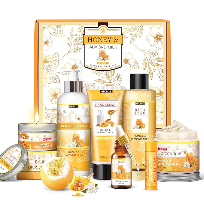 Gifts for Women, Birthday Gift for Women, 9 Pc Almond Milk & Honey Bath and Body Gifts Set, Self Care Gifts Spa Gift Basket, Relaxing Bath Sets for Mom, Girlfriend, Sister, Female Friends, Coworker