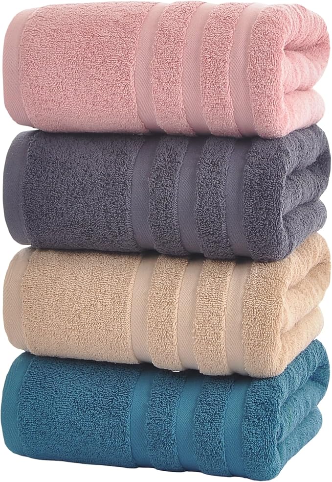 Bath Towels 4 Pack, 30 x 60 Inches, Large 100% Cotton Towels, Soft, Absorbent, Comfortable for Home, Spa, and Gym, (Pink,Gray,Beige,Blue)