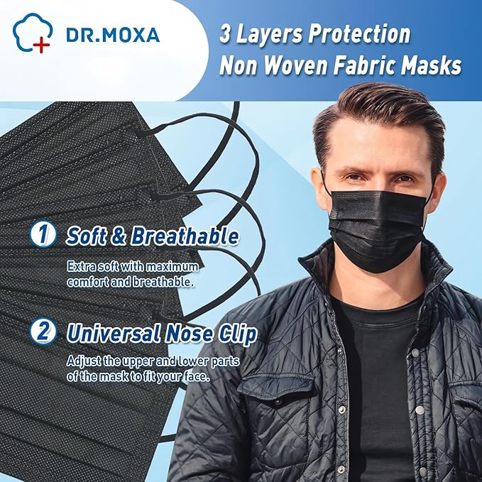 500Pcs Black Medical Disposable Face Mask(5 Boxes, 100pcs/Box) 3-Ply Protection