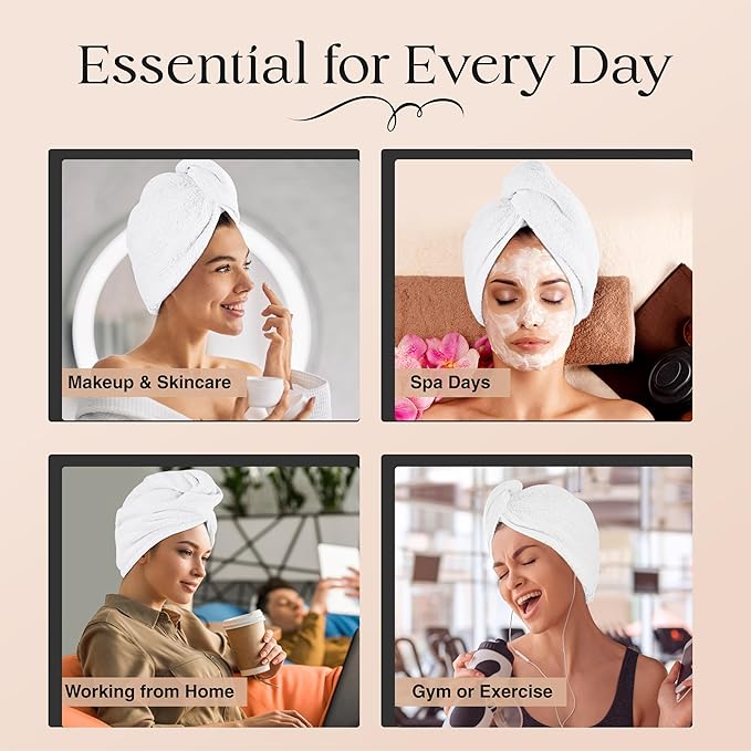 100% Cotton Hair Towel Wrap for Women/Kids | Quick Dry, Soft & Absorbent 420-GSM Hair Wrap Towels with Double Button | Anti Frizz, Non Microfiber Luxury Hair Turbans for Curly, Long Hair (White)