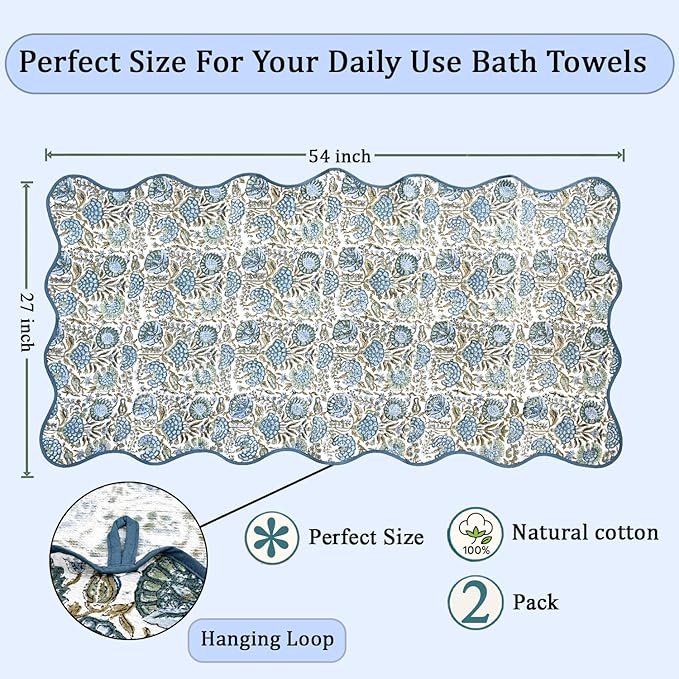 Ridhi Asparagus Green Hand Block Print Waffle Scallope Cotton Bath Towel Set of 2, 27x54, Quick-Dry, Absorbent, Luxury Handmade Towel for Bath, Spa, Beach, Gift for Spring, Easter, Valentine