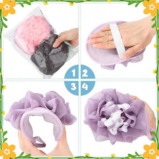 4 PCS Exfoliating Bath Sponges Soft Loofah Shower Scrubber with Elastic Hand Strap for Women Men Gentle Skin Cleansing Body Wash Towel Pouf Purple, Pink, Green, Coffee