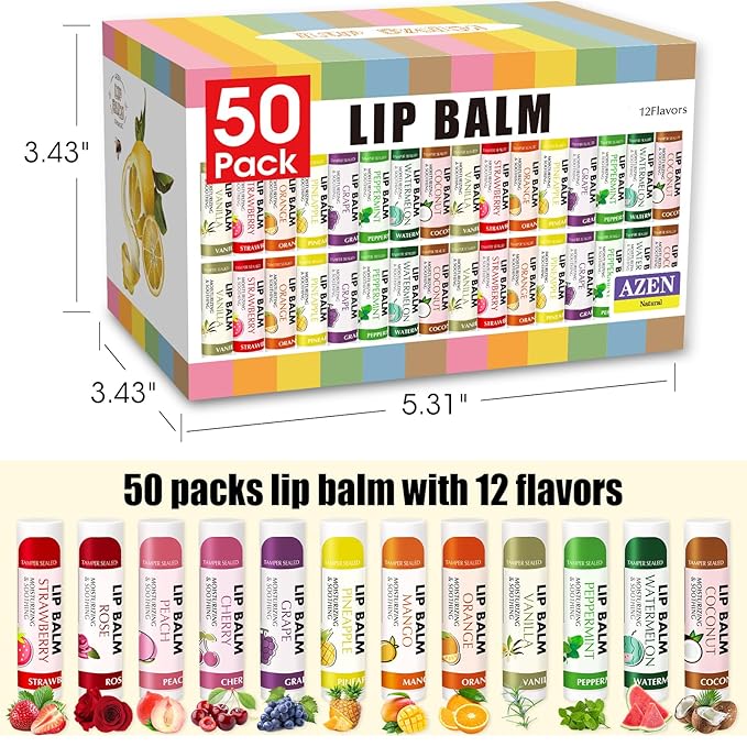 AZEN 50 Pack Lip Balm Bulk, Moisturizing Lip Balms for dry cracked lips, Mothers Day Gifts Easter Basket Stuffers - 12 Flavors