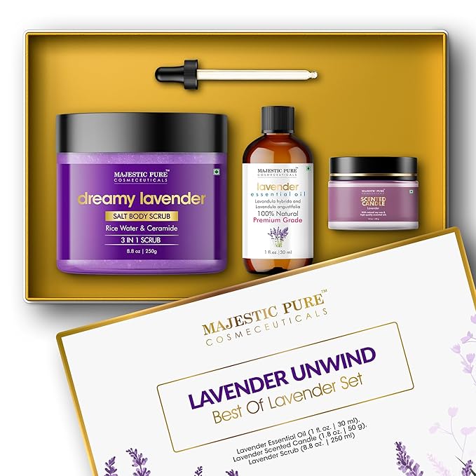 Majestic Pure Lavender Essential Oil & Body Scrub Set | 100% Pure & Natural Gift Set | Relaxing & Stress relief | pack of 3