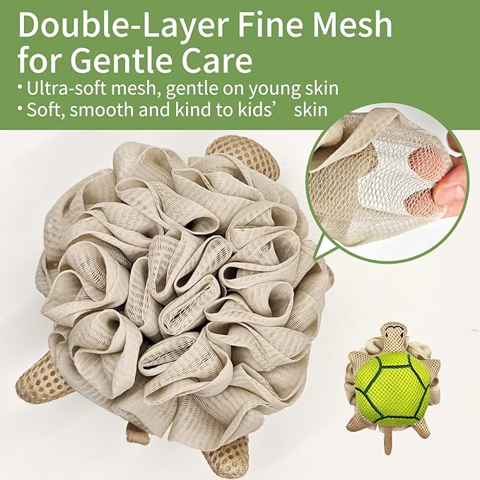 Kids Bath Sponge,Soft Mesh Shower Pouf for Kids,Cute Turtle&Bunny Bath Loofah Gentle Fun Bath Accessories for Boys and Girls