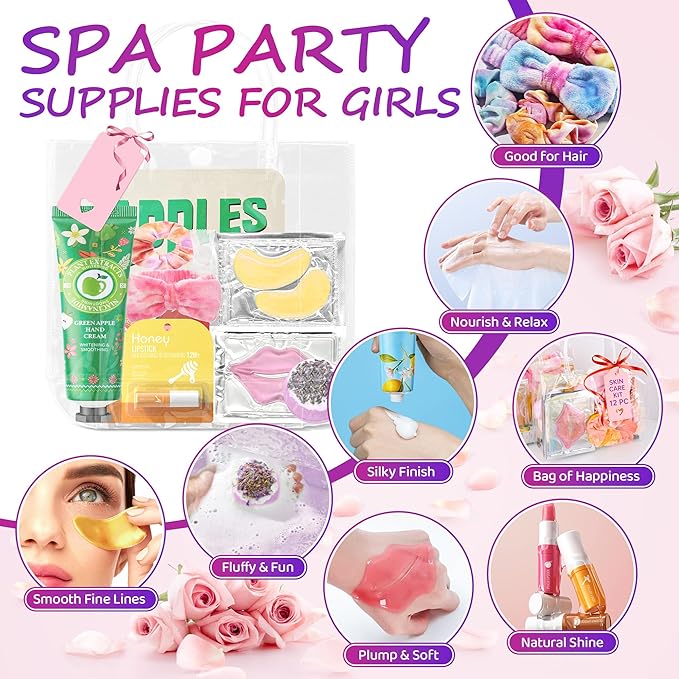 159Pcs Spa Birthday Party Decorations Kit-12 Spa Kits (Face/Lip/Eye/Hand/Foot Care) + Birthday Essentials (Banner,Balloons,Curtains)–Ideal for Birthdays,Sleepovers,Slumber Parties & Relaxation