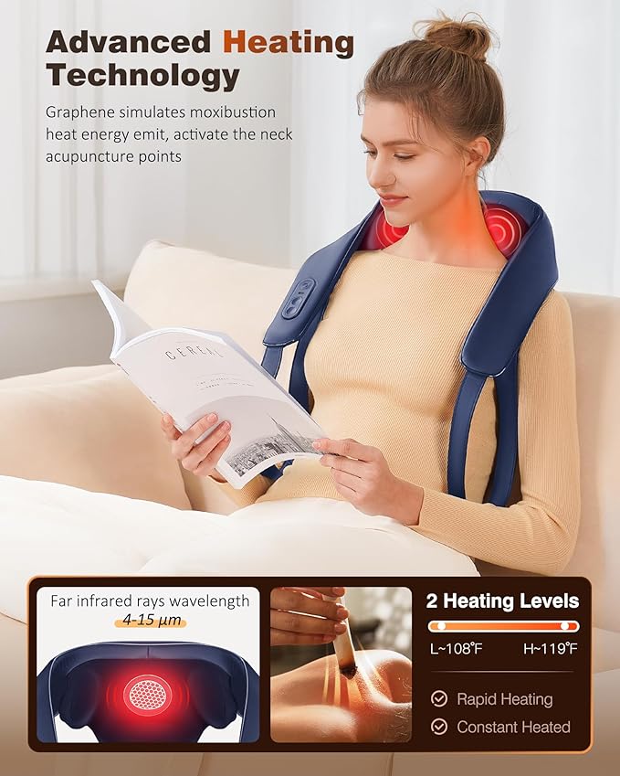 KNQZE Neck and Shoulder Massager with Heat, Cordless Back and Neck Massager, Upgraded Graphene Heating, 4D Shiatsu Deep Kneading Massage for Shoulder, Back,Leg,Pain Relief, Gift for Dad Mom(Blue)