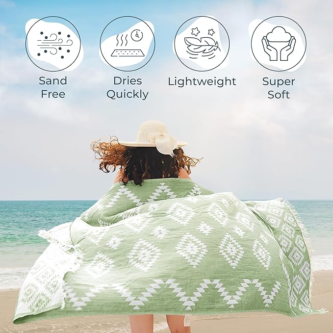 Turkish Towels Beach Towels Oversized (35”x67”) Beach Towels for Adults Quick Dry and Sand Free Beach Towel Beach Blanket 100% Cotton Turkish Towel - Soft Green