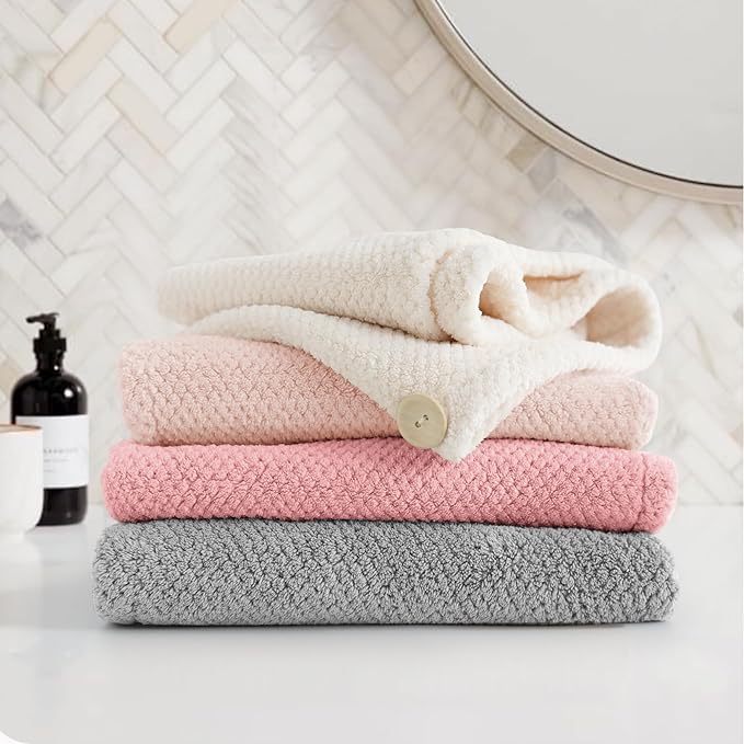 ROLSHOL Extra Large 4 Pack Microfiber Hair Towel Wrap for Women Super Absorbent & Quick Dry Hair Drying Towels with Button, Hair Turbans for Curly Hair Long & Short Hair - Anti-Frizz Coral Pink