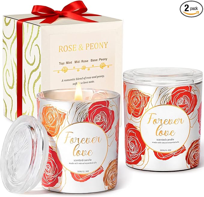 2 Pack Wood Wick Soy Wax Candle Gift Set for Women, Rose & Peony and Vanilla Amber, 11.3 Oz Each, Individually Boxed