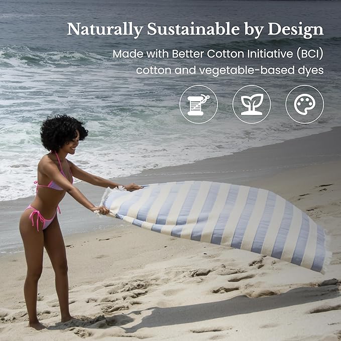 Lightweight Turkish Beach Towel - 100% BCI Cotton, Unbleached Raw Fringe, Oeko-TEX Certified, Absorbent, Eco-Friendly, 36x66”, Sky Blue & Natural Stripes, Portable Sarong Blanket for Pool, Travel