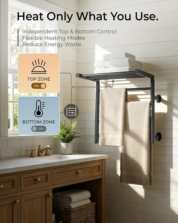 Foldable Heated Towel Rack, Dual-Zone Electric Towel Warmer Rack with Timer, GFCI Plug-in or Hardwired, Wall-Mounted, Drill-Free Installation, Twilight Grey, CA3-700X550-Standard-TG