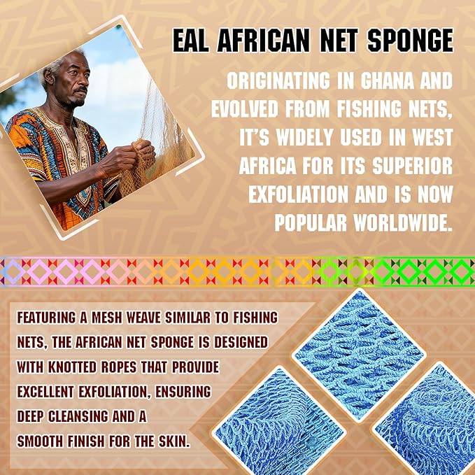 African Net Bath Sponge, Premium Body Exfoliator, Rose Red Blue, Nylon, 2 Pack, Gentle Scrub for Dry Sensitive Skin