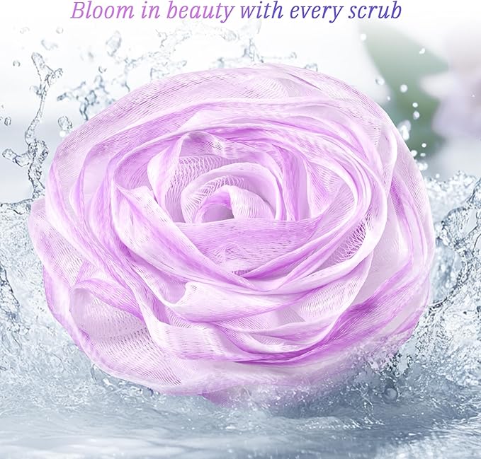 LAYUKI Bath Loofah, Shower Loofah, Body Loofah, Bath Sponge, Shower Sponge, Body Sponge, Bath Scrubber, Shower Scrubber, Body Scrubber, Rose-Shaped, Elegant (Set of 2 Pieces,Purple and Grey)