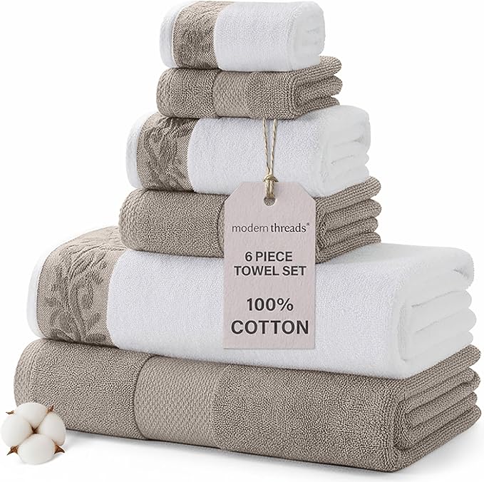 Modern Threads 600 GSM 6-Piece Towel Set with Filgree Jacquard Border Taupe