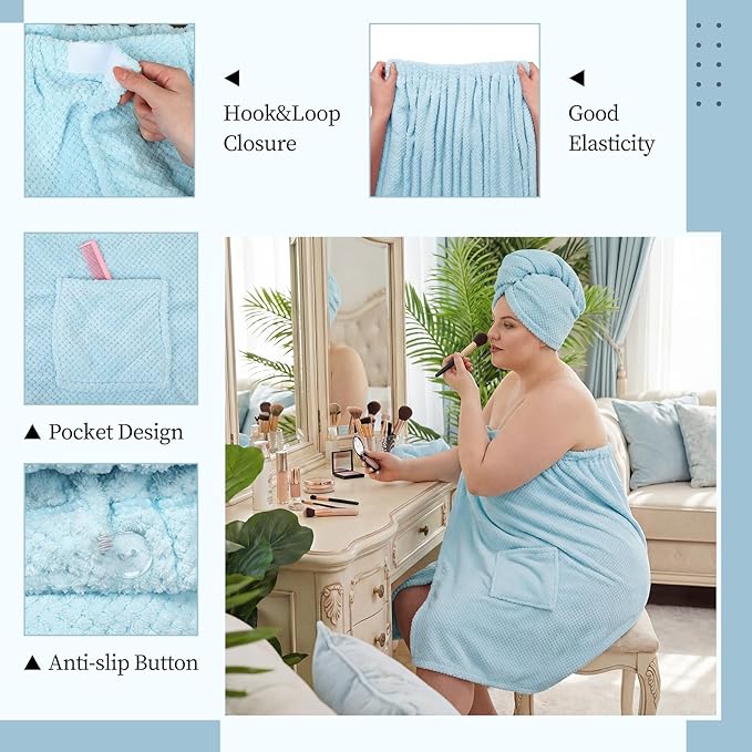 Tigeen Plus Size Towel Wrap for Women Spa Robe Set with Shower Hair Drying Turban Cap Towel Headband Adjustable Bathrobe