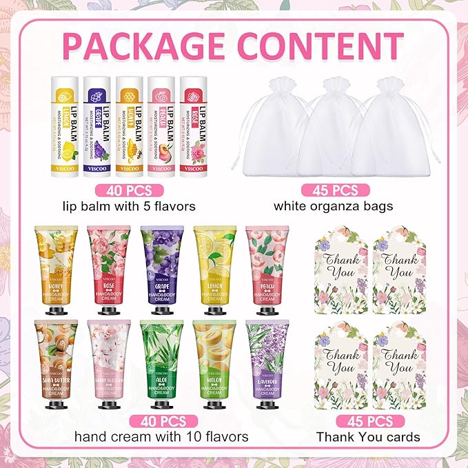 VISCOO 40 Sets Hand Cream and Lip Balm Bulk Set, Mothers Day Gifts, Teacher Appreciation Gifts, Nurses Week Gift, Wedding Favors for Guests with Thank You Card Organza Bags, Birthday Gift for Women