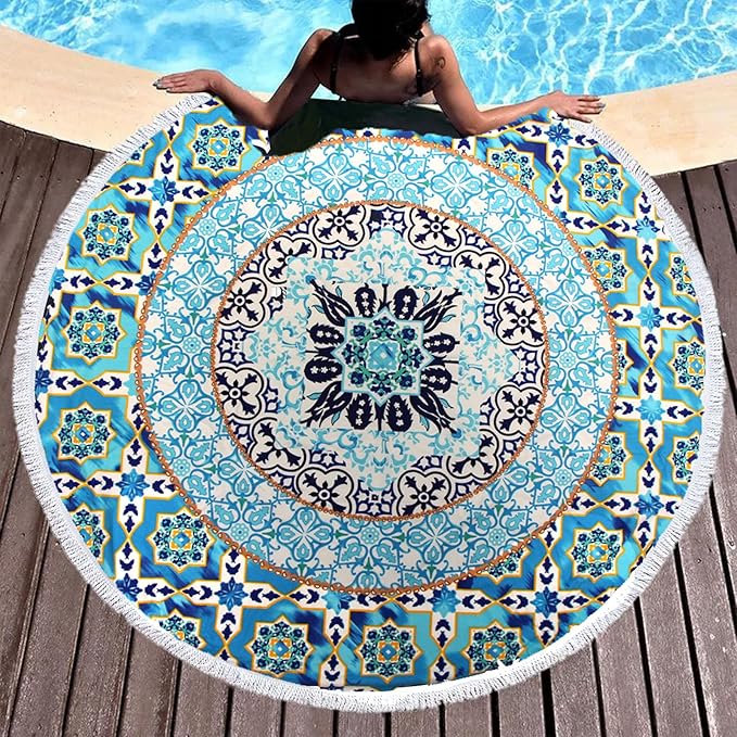 Pafusen Round Mandala Beach Towel Blanket/Boho Hippie Tapestry, Roundie Yoga Meditation Mat Picnic Rug, Bohemian Table Cloth with Tassels, Terry Towel Material, 60 inch Cute Towels, Gifts for Women