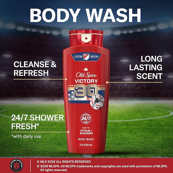 Old Spice Body Wash for Men, MLS Victory, Long Lasting Scent, Freshness that Lasts All Day, Cleanse & Refresh Skin, Limited Edition, Citrus + Success Scent, 21 oz