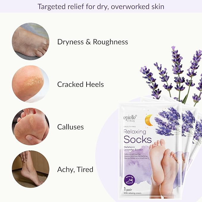 Epielle Relaxing Foot Mask 6 Pairs, Soften and Restore with Melatonin & Lavender Extract, Deep Moisturizing Socks for Dry, Cracked Feet, Self Care Gifts for Women, Spa Kit, Mothers Day Gifts