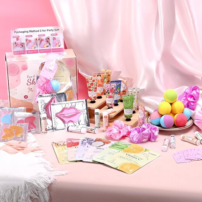 KONEUK 120 PCS Spa Party Supplies for Women, Spa Party Favors Include Face Masks Skincare, Hand Cream, Lip Balm, Under Eye Patches, Lip Mask and Foot Bath Bombs, Spa Birthday Sleepover Party Supplies