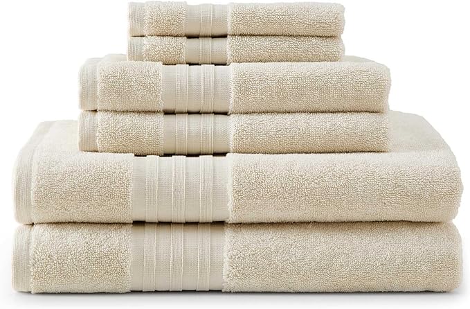 Martha Stewart - Bath Towels, Soft & Absorbent 100% Cotton Towels, Plush 700 GSM, 6-Piece Bathroom Towel Set with Textured Dobby Weave (Skyland Manor Beige)
