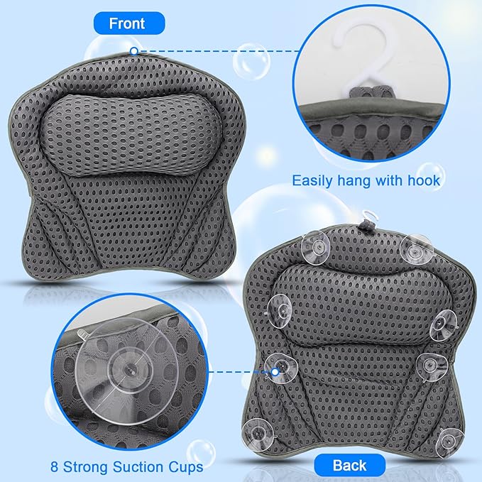 Bath Pillow for Tub, Ergonomic Pillow for Headrest,Neck, Shoulder and Back Support, Home SPA Fast Drying Soft 4D Mesh Fabric and 8 Non-Slip Suction Cups, Spa Bathroom Accessories