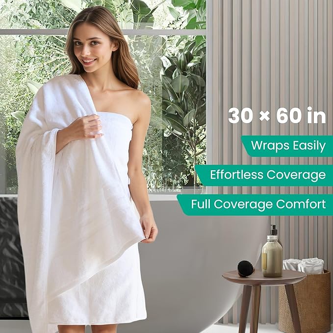 Bath Towels 2 Pack, 30 x 60 Inches, Large 100% Cotton Towels, Soft, Absorbent, Comfortable for Home, Spa, and Gym, (White)