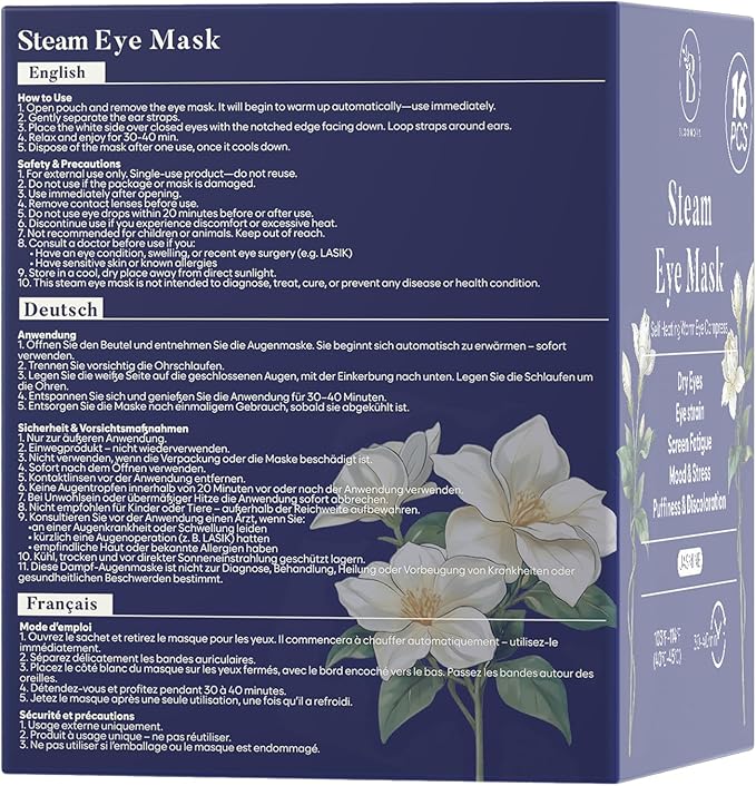16 Pack Jasmine Steam Eye Mask for Dryness, Puffiness, Strain & Relaxation, Heated Eye Mask for Sleep & Travel, Self-Heating & Disposable Warm Compress, Travel Essentials, Relaxation Gifts for Women