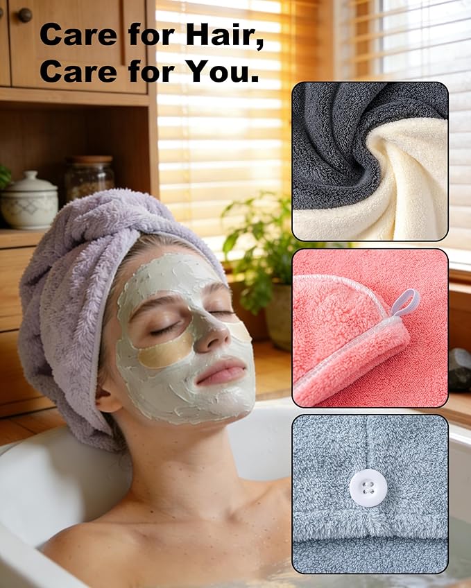 Lumimi Luxury Microfiber Hair Towel Gift Set 6 Pack - Spa Quality Anti-Frizz Turbans with Button Closure, Quick Dry for Long/Curly Hair, Premium Bath Accessories for Women