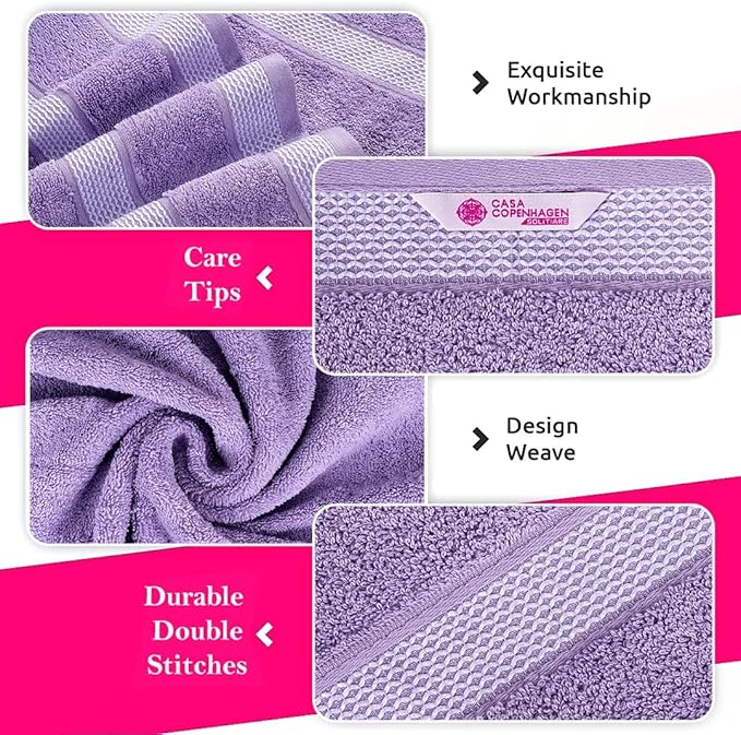 CASA COPENHAGEN Solitaire 6Pcs 100% Egyptian Cotton Large Designer Towels Gift Set- Purple Rose - Pink, 600GSM, 2Bath 2Hand 2Washcloths, Bath Towels for Bathroom Set for Women & Men