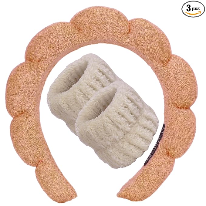 Beleki Spa Headband for Washing Face Wristband Set Sponge Headband Makeup Skincare Face Washing Headband Terry Cloth Bubble Puffy Hairband Non Slip Headwear Hair Accessory for Women - Orange