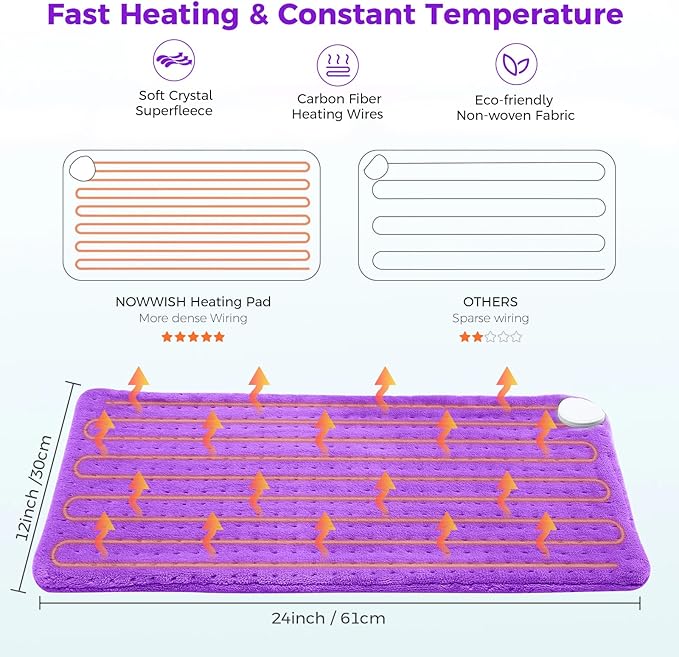 NOWWISH Heating Pad for Back Pain Relief & Period Cramps, 33x17 Inches Large Electric Heating Pad with 10 Heat Settings, Timer & Auto Shut-Off, Machine Washable, Mothers Day Gifts for Mom, Purple