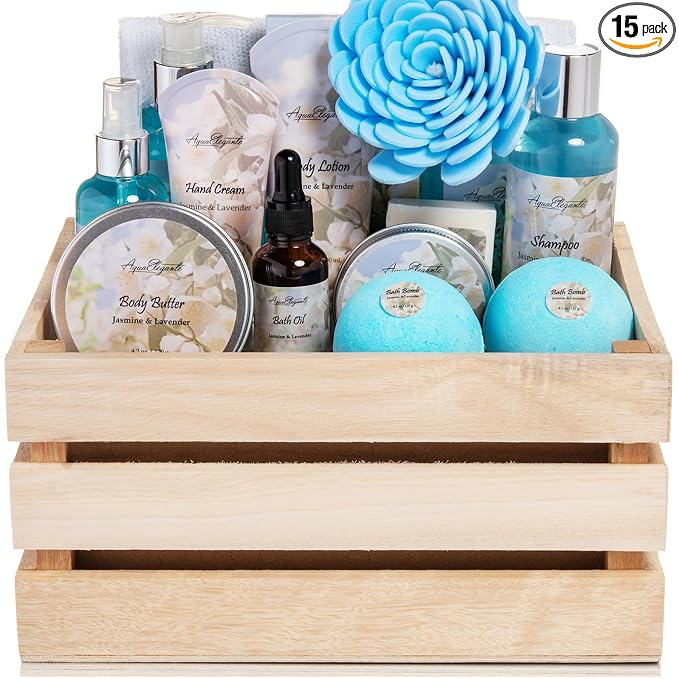 Aqua Elegante Full Spa Gift Set - 15 Piece Premium Bath Basket with Wash, Bubbles, Lotion, Salts, Body Scrub, Towel, Shower Puff, Bathbombs, Reusable Basket, Gifts for Women - Jasmine & Lavender