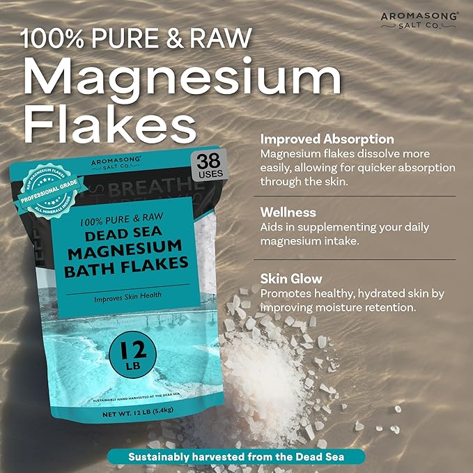 Aromasong Magnesium Flakes for Bath from The Dead Sea- 12 LB Resealable Pack Magnesium Chloride Flakes -Organic Bath Salt Muscle Relaxing Mineral Soak