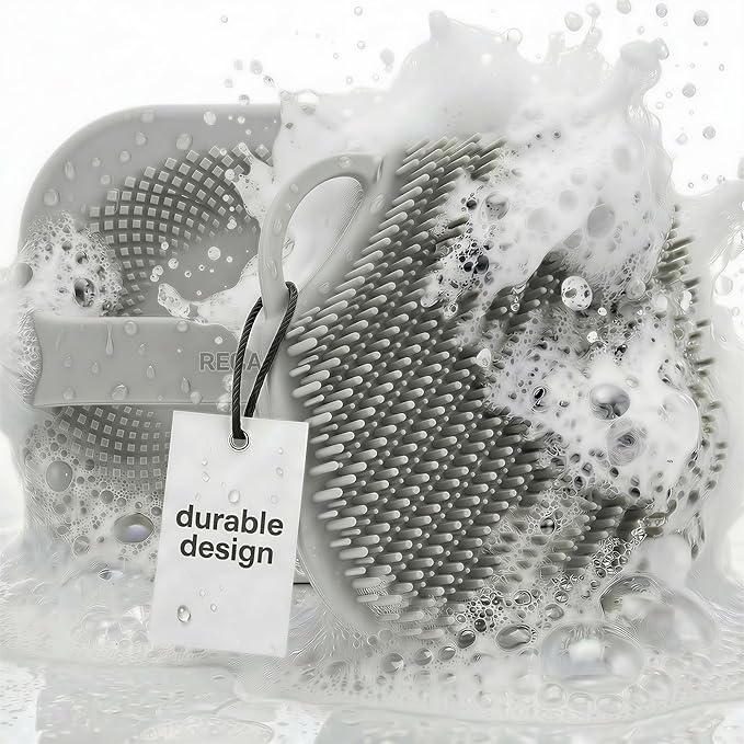Silicone Body Scrubber for Shower - Exfoliating Body Brush with Non-Slip Grip - Durable Loofah Alternative - Soft Bristles for Gentle Cleansing, High Lather & Quick Drying, Grey