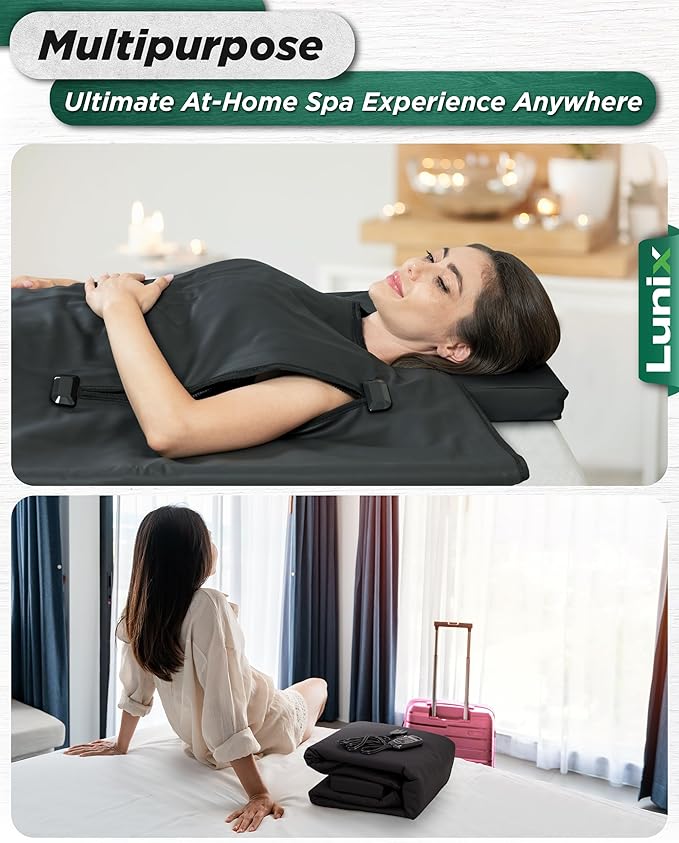 Lunix LX17 Infrared Sauna Blanket, Portable Sauna Bag for Relaxation, Detox & Stress Relief, Adjustable Heat 77–176°F, Far Infrared Blanket with Pillow, Wrap & Hot Cold Gel Pack – Jet Black