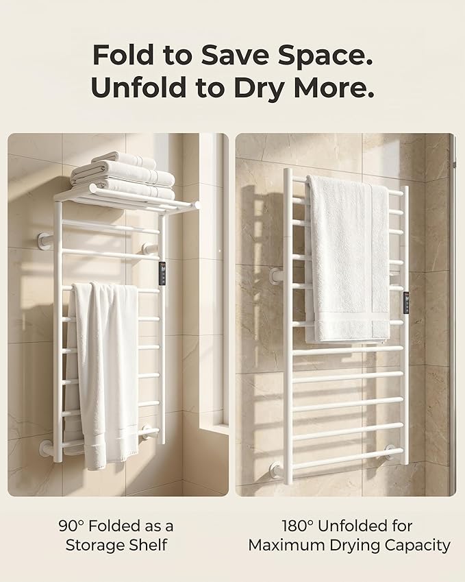 Foldable Heated Towel Rack, Dual-Zone Electric Towel Warmer Rack with Timer, GFCI Plug-in or Hardwired, Wall-Mounted, Drill-Free Installation, Matte White, CA3-1100X550-Standard-MW