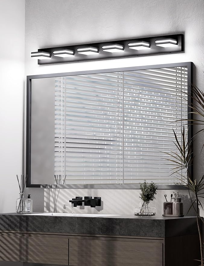 VOLISUN Modern Bathroom Vanity Light Fixtures (6-Light, 48-Inch), Matte Black LED Bathroom Lighting Fixtures Over Mirror, 360°Rotatable Head, LED Vanity Lights for Bathroom (Cool White 6000K)