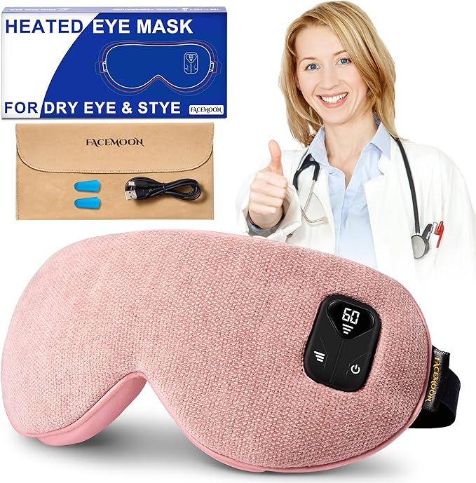 FACEMOON Cordless Heated Eye Mask for Stye & Eye Relief - Rechargeable Warm Compress for Dry Eyes, MGD & Blepharitis - Electric Warming Sleep Mask with Natural Flaxseed Heating (Pink)