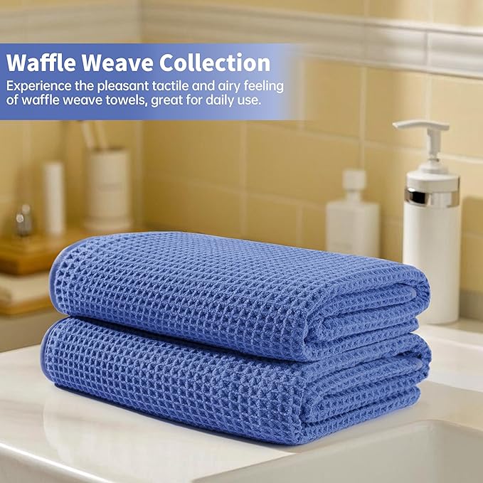 Microfiber Waffle Bath Towels, 4 Pieces, Soft, Absorbent, Fast Drying, Lint Free 430 GSM (Dark Blue)