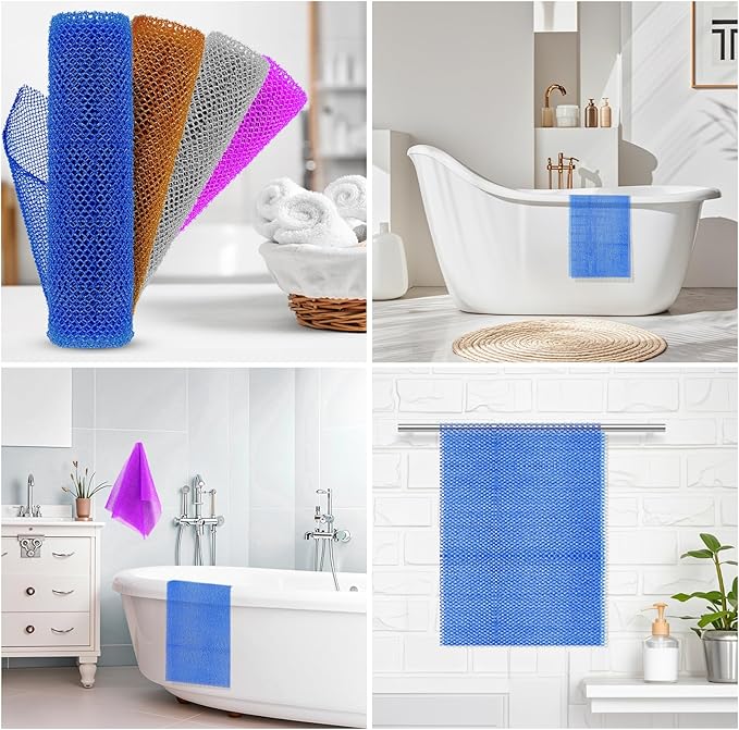 4 Pieces African Net Sponge – Premium African Net Sponge for Deep Exfoliation Quick-Dry and Reusable Mesh for Smooth Skin(Brown, Blue, Purple,Grey)