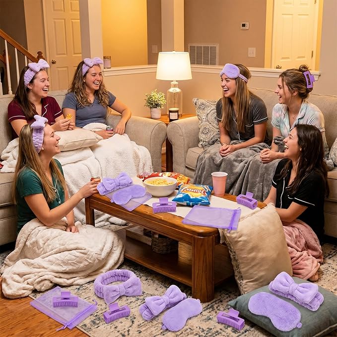 48 Pcs Spa Party Supplies Sleepover Essentials Gift for Mother's Day Spa Headband Plush Eye Mask Claw Clips Organza Bag for Women Adult Slumber Party Supplies (Purple)