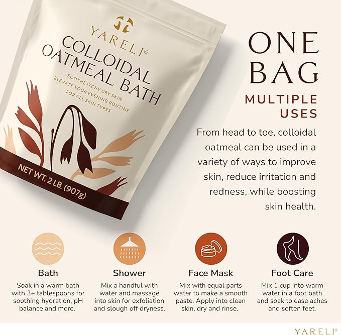 YARELI Colloidal Oatmeal, 2lb (32oz), Bath Powder for Dry Skin, for Adults, Baby and Kids