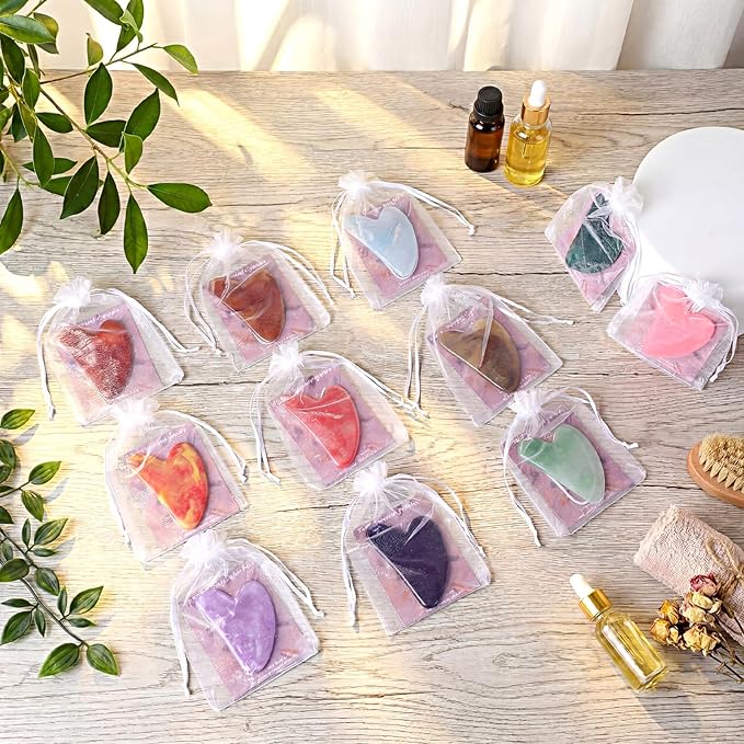 Sherr 24 Sets Gua Sha Facial Tools Bulk Resin Heart Shaped Guasha Boards with Organza Pouch and Cards for Face Body Massage Relaxation Self Care Ideal Spa Acupuncture Prevent Wrinkles (Mixed Colors)