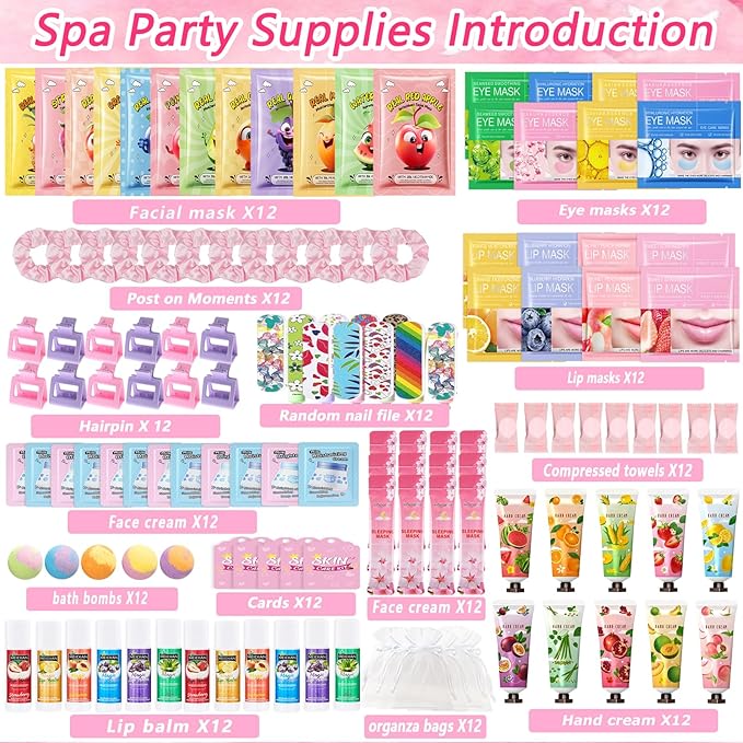 224 Pcs Spa Party Favors for Women, Include Facial Mask, Face Cream, Hand Creams, Lip Balms, Under Eye Patches, Lip Mask, Foot Bath Bombs, Sleepover Party Supplies Bulk Womens Gifts